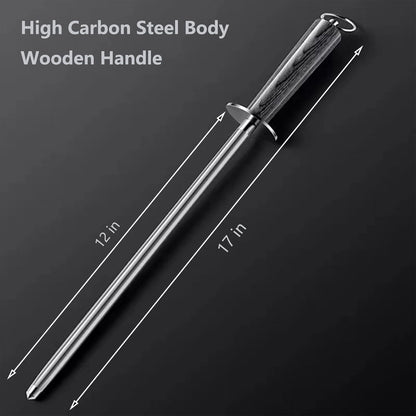 12" Magnetic Knife Sharpener Rod, Wood Handle High Carbon Steel | Magnetized honing rod, colorful wood handle, high carbon steel, quick edge restoration for chef, hunting, household knives