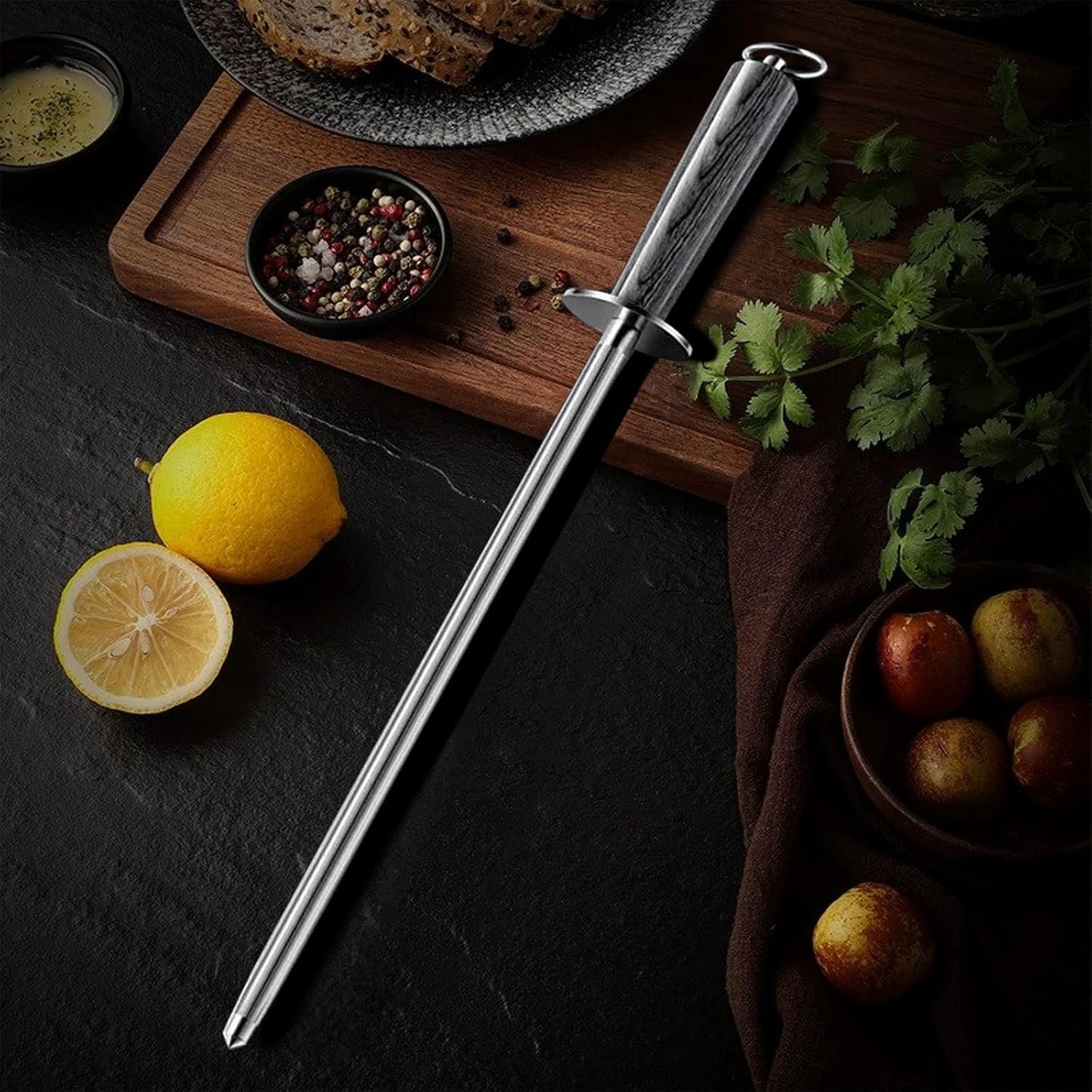 12" Magnetic Knife Sharpener Rod, Wood Handle High Carbon Steel | Magnetized honing rod, colorful wood handle, high carbon steel, quick edge restoration for chef, hunting, household knives