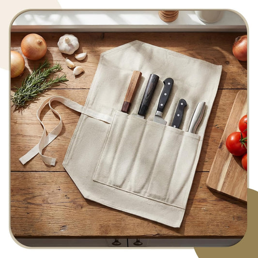 Knife Roll Bag, Japanese Canvas Chef Knife Roll with 5 Slots, Professional Kitchen Storage Organizer, Portable Carrying Case for Chefs, Hold Kitchen Tools up to 15 Inch