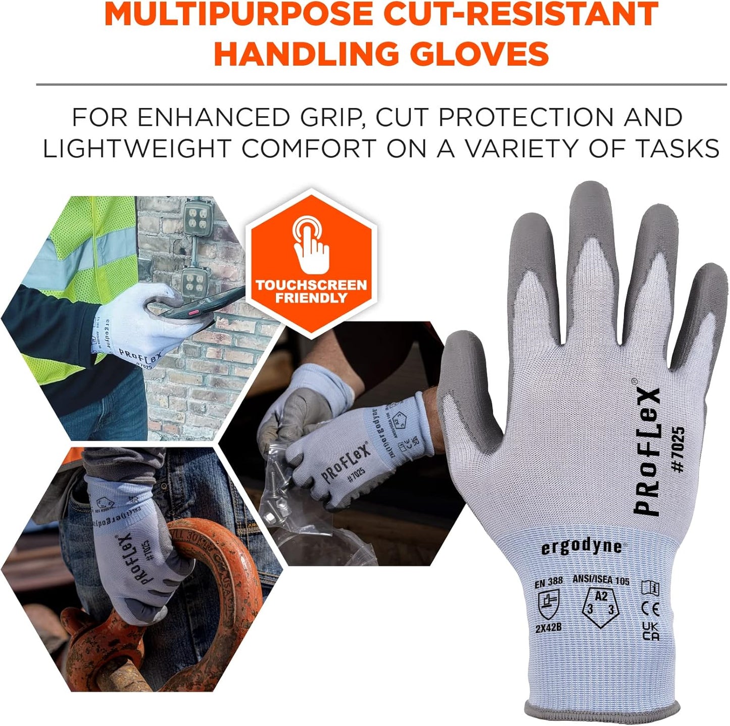 Unisex Adult Proflex 7025 Pu Coated Cut-resistant Gloves - Ansi/Isea 105-2016 A2, En 388: 2x42b, 18g