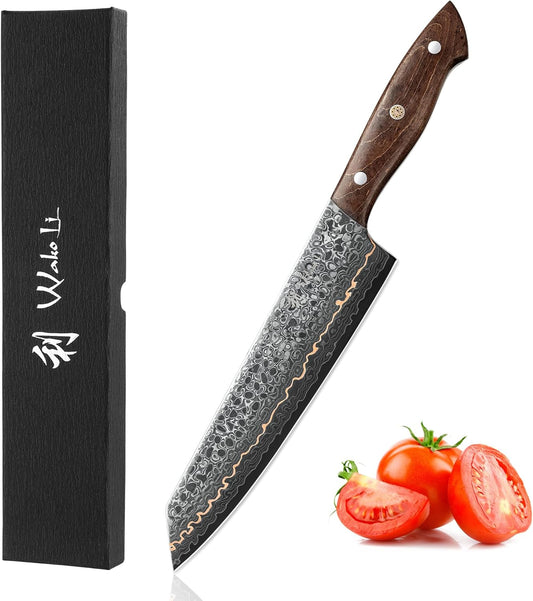 Kawa Kiritsuke Chef Knife, 7.9-Inch Blade Kitchen Knife | 67-Layer Damascus Steel with VG10 Core | Copper Inlay | Maple Stabilized Wood Handle | Professional Chef Knife