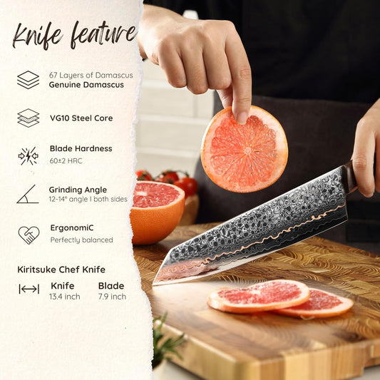 Kawa Kiritsuke Chef Knife, 7.9-Inch Blade Kitchen Knife | 67-Layer Damascus Steel with VG10 Core | Copper Inlay | Maple Stabilized Wood Handle | Professional Chef Knife