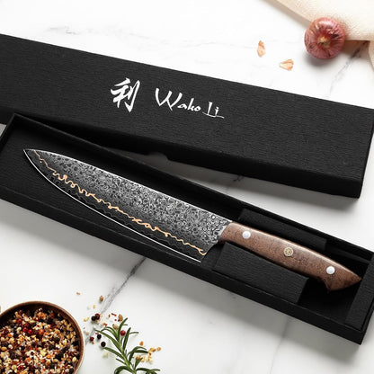 Kawa Kiritsuke Chef Knife, 7.9-Inch Blade Kitchen Knife | 67-Layer Damascus Steel with VG10 Core | Copper Inlay | Maple Stabilized Wood Handle | Professional Chef Knife