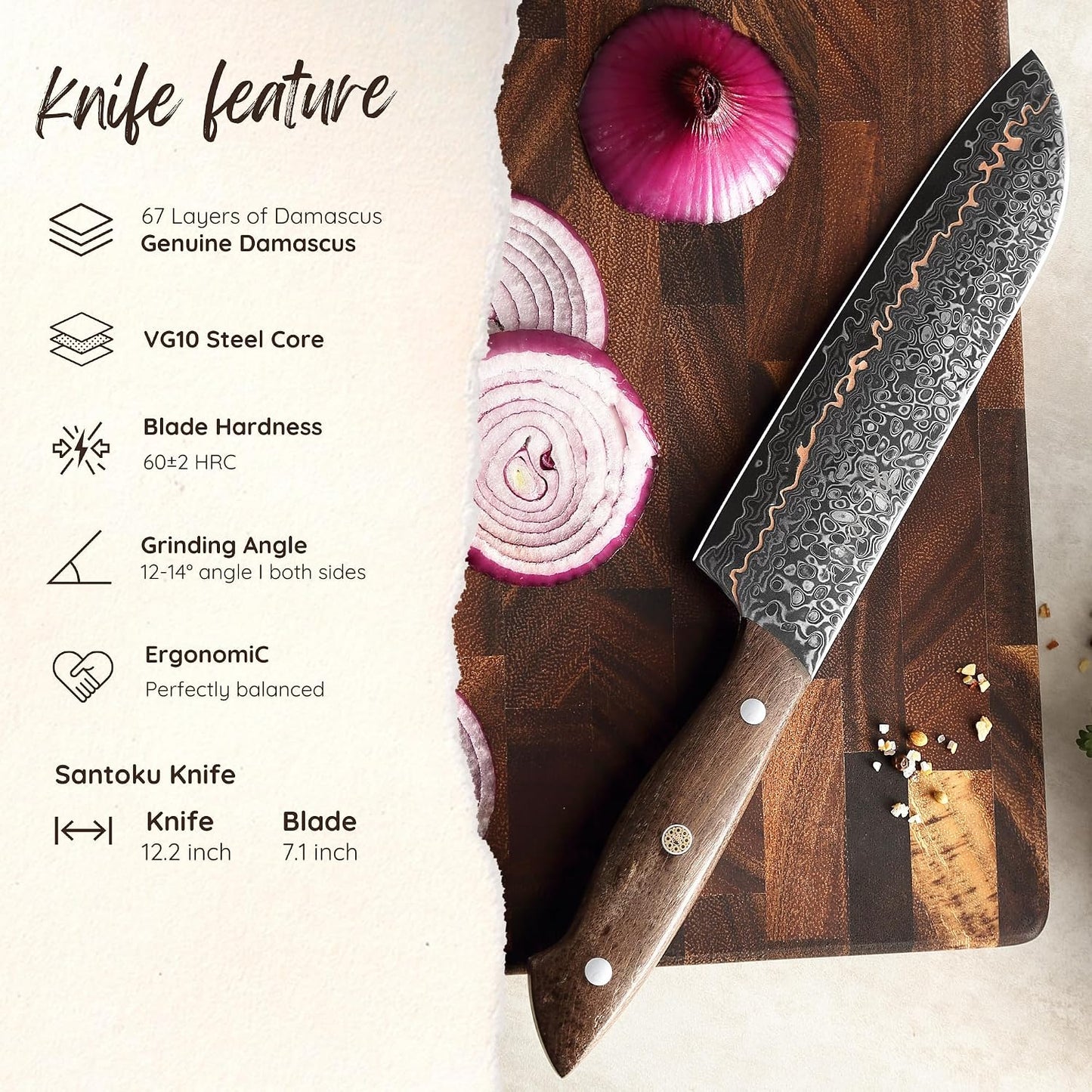 Kawa Kiritsuke Chef Knife, 7.9-Inch Blade Kitchen Knife | 67-Layer Damascus Steel with VG10 Core | Copper Inlay | Maple Stabilized Wood Handle | Professional Chef Knife