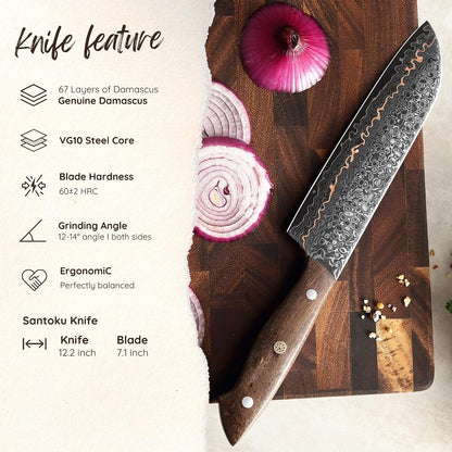 Kawa Kiritsuke Chef Knife, 7.9-Inch Blade Kitchen Knife | 67-Layer Damascus Steel with VG10 Core | Copper Inlay | Maple Stabilized Wood Handle | Professional Chef Knife