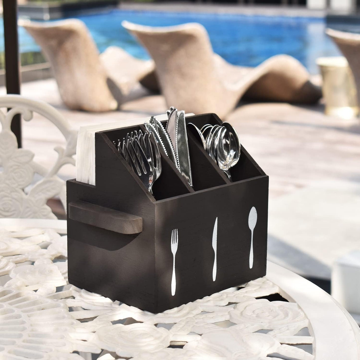 Rustic Elegant Wooden Flatware Organizer Caddy, Oak Color, 7'W x 5.5'D x 6.63'H