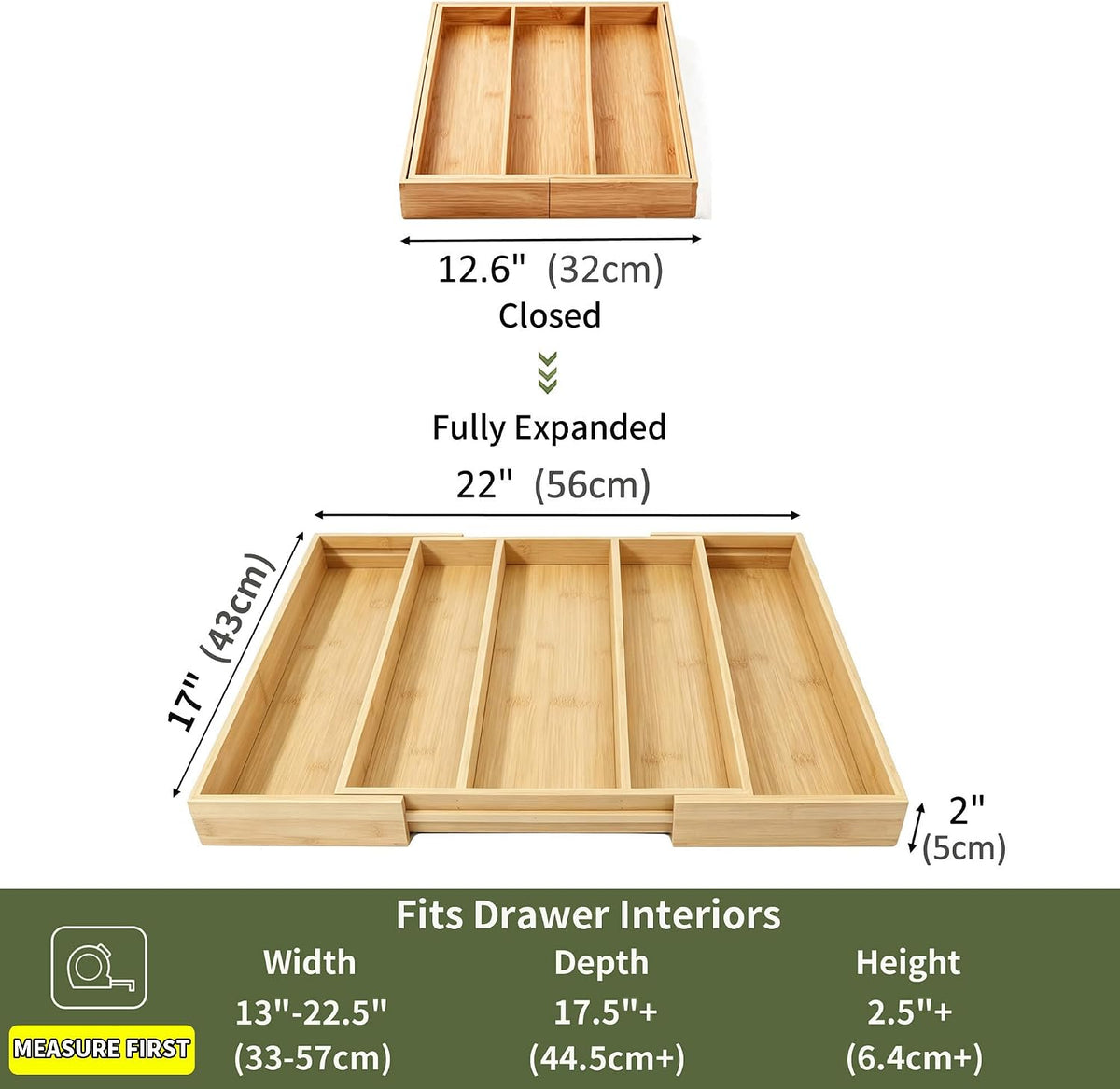 Bamboo Expandable Kitchen Drawer Organizer Silverware Utensil Tray