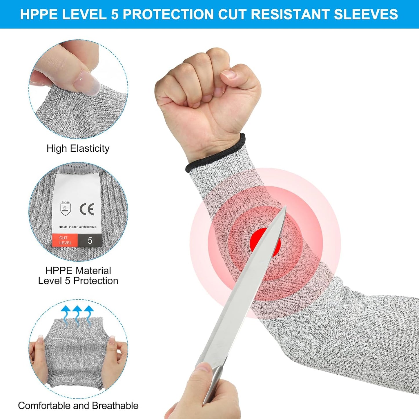 Cut Resistant Sleeve Arm Safety Protectors Sleeves Forearm Sleeve HPPE Level 5 Protection for Thin Skin and Bruising