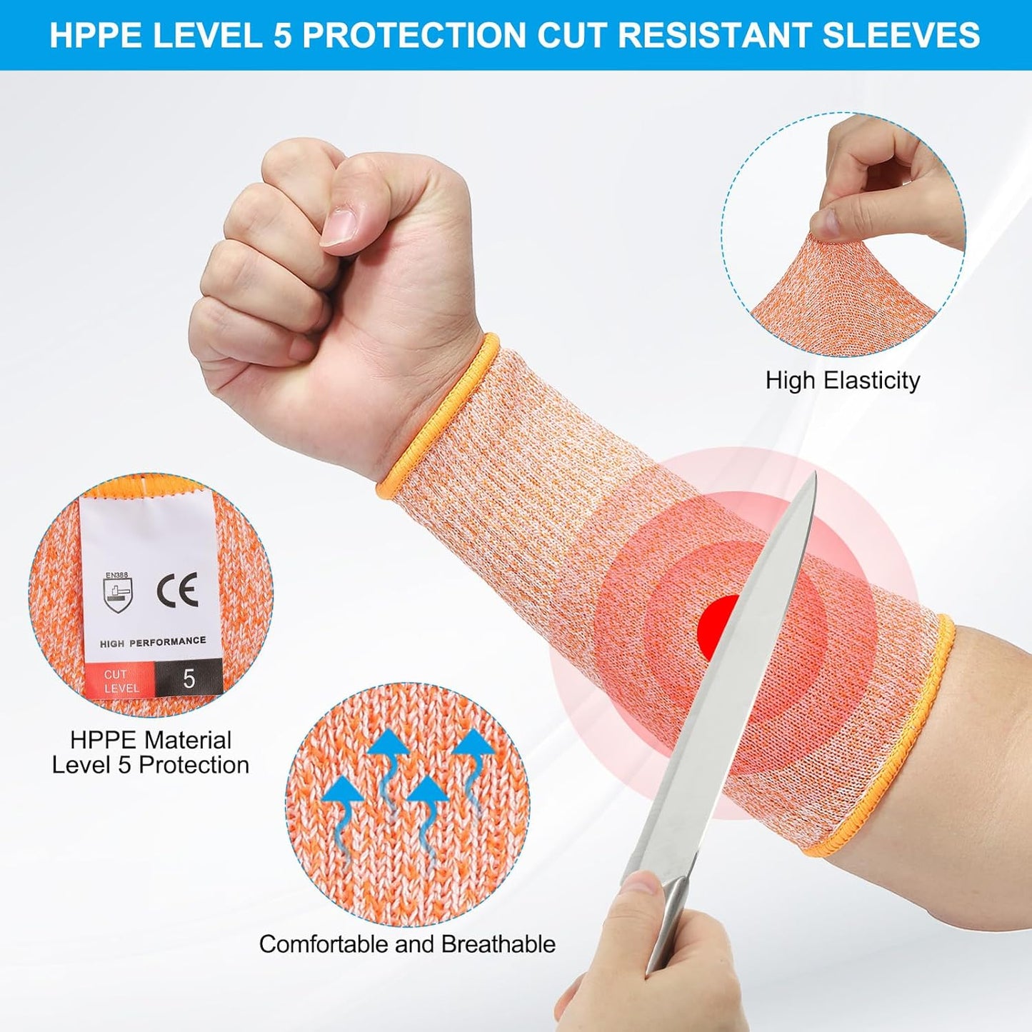 Cut Resistant Sleeve Arm Safety Protectors Sleeves Forearm Sleeve HPPE Level 5 Protection for Thin Skin and Bruising