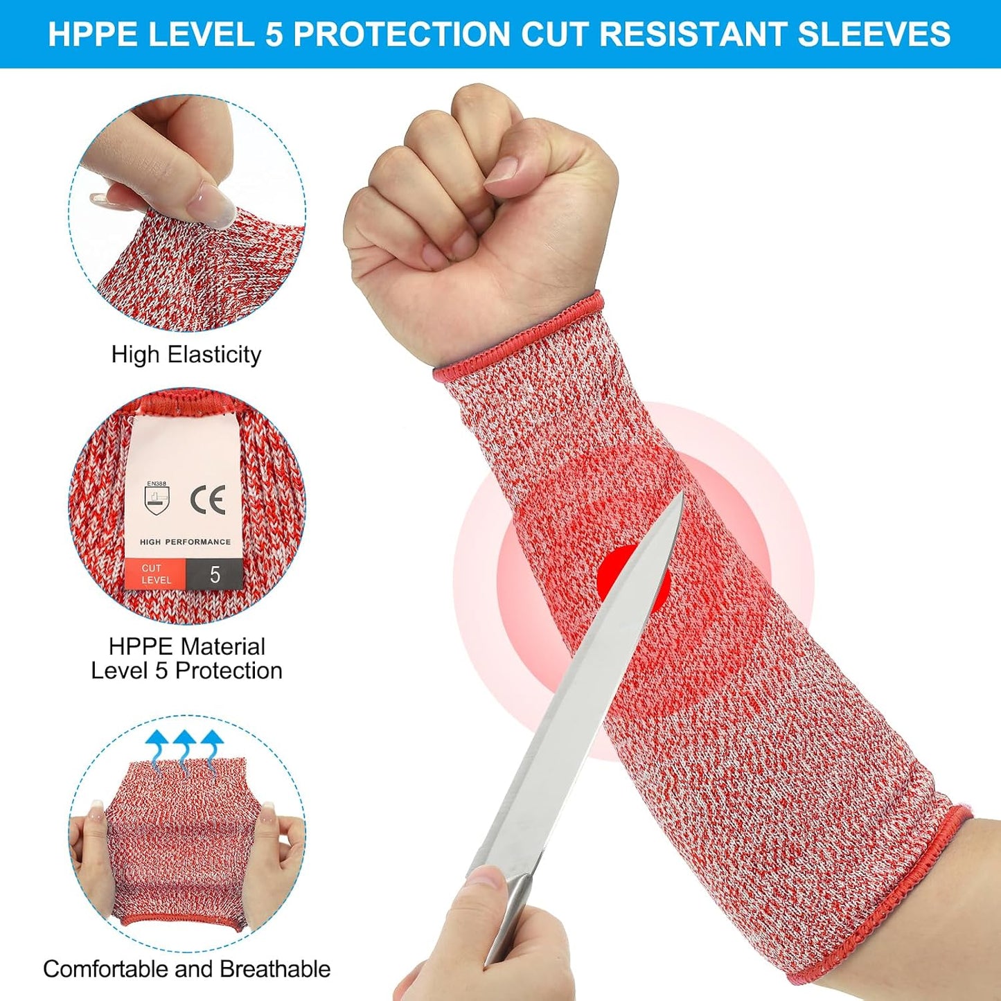 Cut Resistant Sleeve Arm Safety Protectors Sleeves Forearm Sleeve HPPE Level 5 Protection for Thin Skin and Bruising