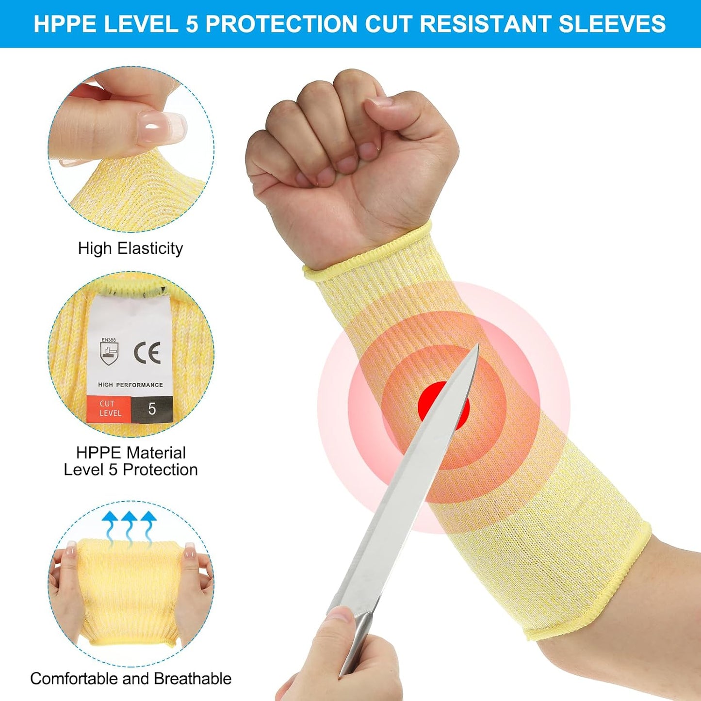 Cut Resistant Sleeve Arm Safety Protectors Sleeves Forearm Sleeve HPPE Level 5 Protection for Thin Skin and Bruising