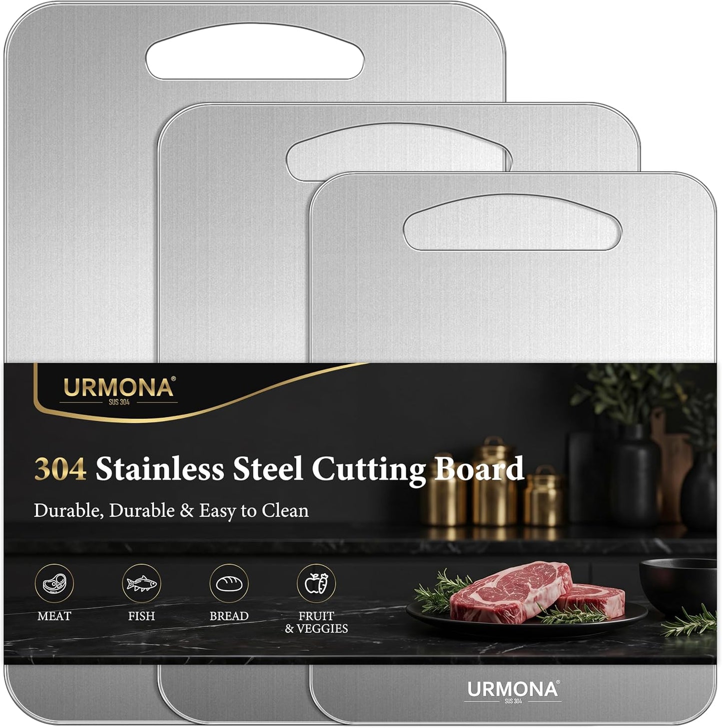3 PCS 304 Stainless Steel Cutting Board For Kitchen, Non-Staining&Odor-Free, Burr-Free Edges, Dishwasher Safe, Non Toxic Cutting Board（S+M+L）