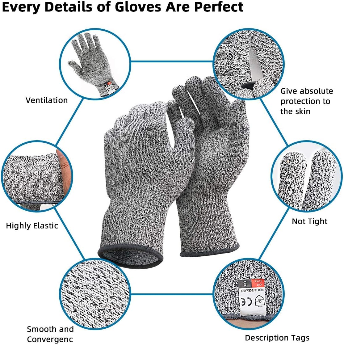 Cut Resistant Gloves, Level 5 Protection Safety Cutting Gloves, Kitchen Cuts Glove for Chef Oyster Shucking, Mandolin Slicing, Meat Cutting and Wood Carving(Large-2 Pairs)