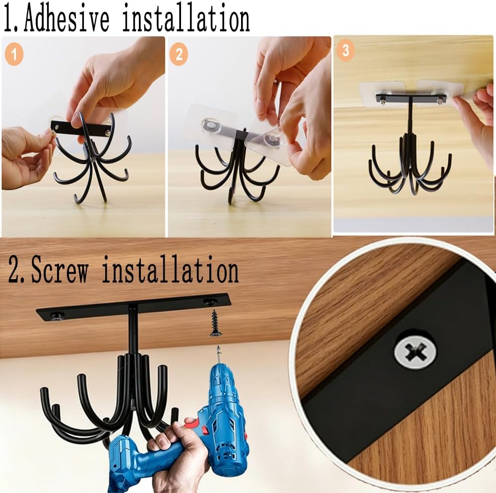 2pcs Under Cabinet Kitchen Utensil Hooks,360° Rotating Drilling Free Adhesive Utensils Hanging Rack for Tools/Towel/Knife (Black)