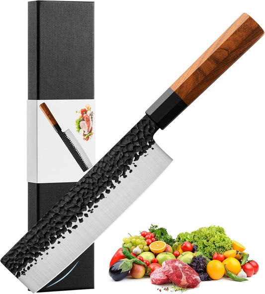Japanese Nakiri Knife 7" Kitchen Knife Sharp Meat Cleaver and Vegetable Kitchen Knives Hand Forged High Carbon Japanese AUS-8 Stainless Steel Chef Knife with Rosewood Handle & Gift Box