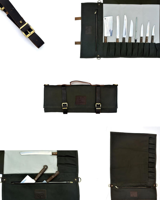 Stunning Waxed Canvas Roll Bag in Rich Dark Green w Genuine Leather Trim. Handsome Professional Chef Knife Roll Bag with upto 14" Knives and Storage Compartments A Super Gift