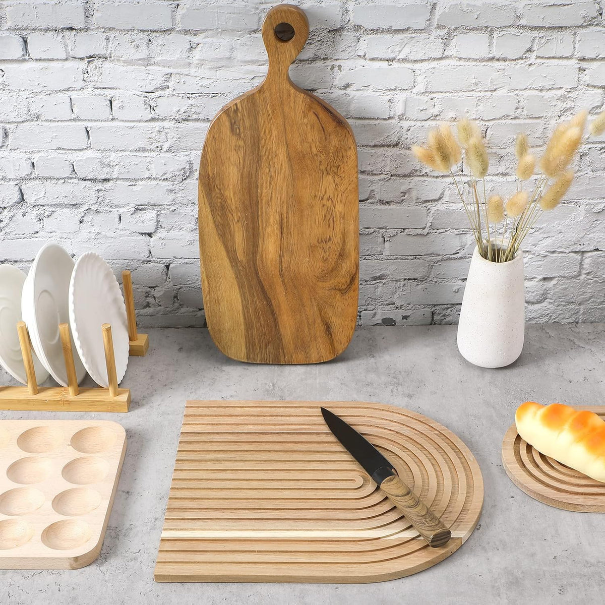 2 Pcs Decorative Wood Cutting Board Wooden Rainbow Decor Boho Kitchen Decor Serving Trays Cutting Chopping Block for Home Kitchen Farmhouse Decoration Wall Shelf Mantel(Brown,Pine)