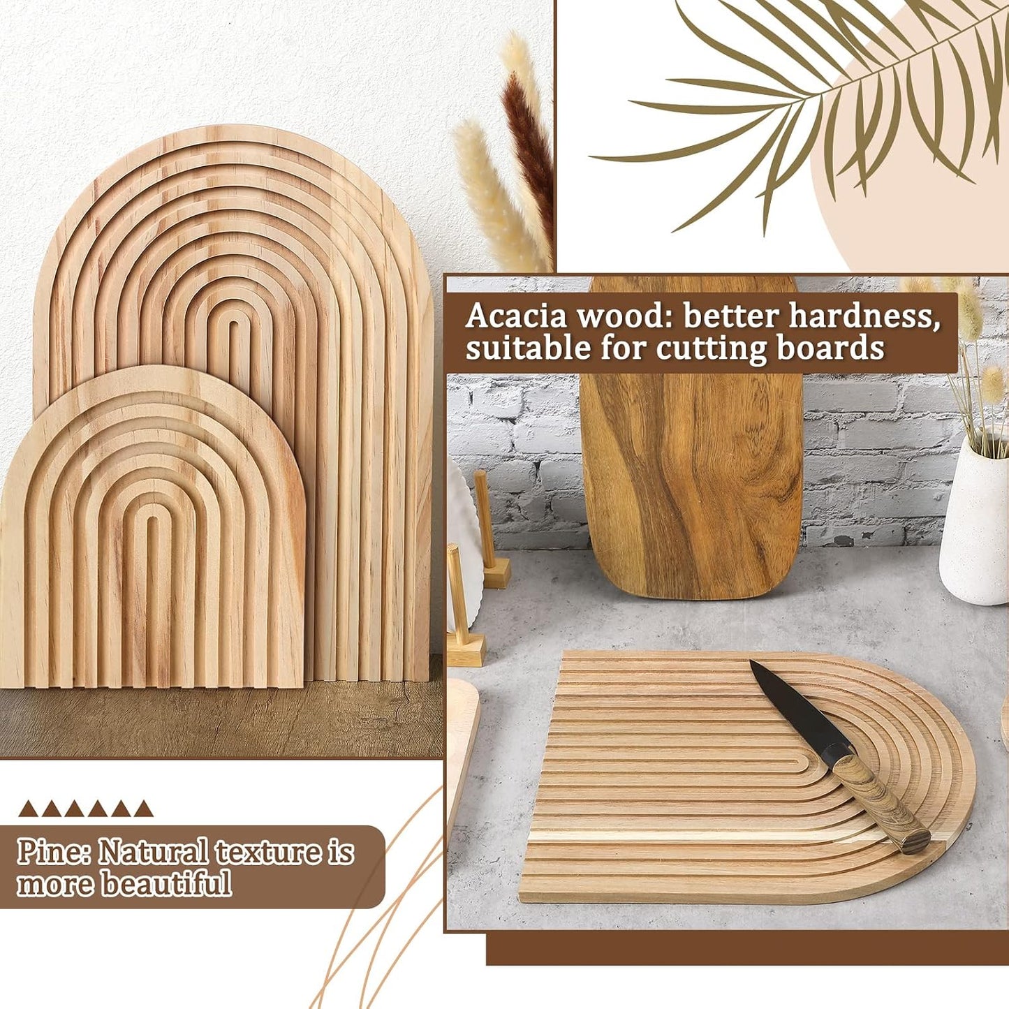 2 Pcs Decorative Wood Cutting Board Wooden Rainbow Decor Boho Kitchen Decor Serving Trays Cutting Chopping Block for Home Kitchen Farmhouse Decoration Wall Shelf Mantel(Brown,Pine)