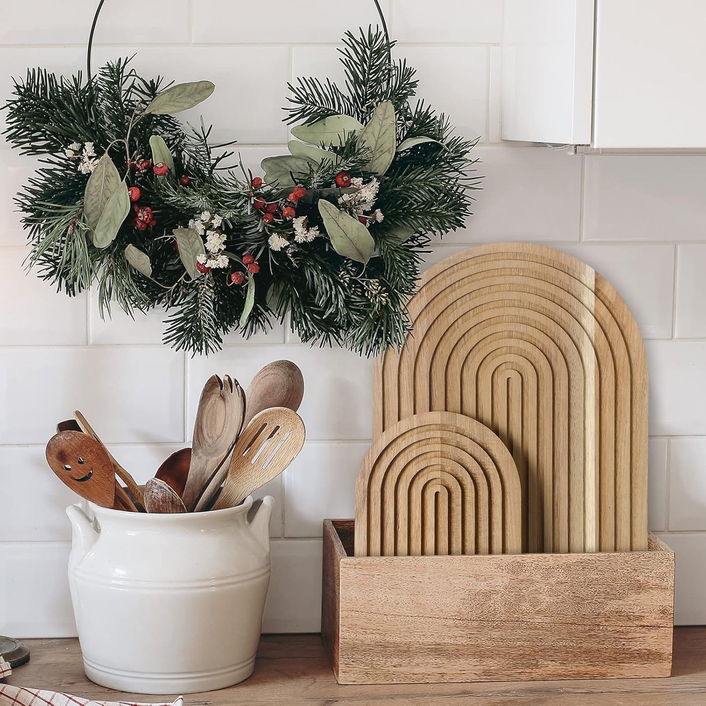2 Pcs Decorative Wood Cutting Board Wooden Rainbow Decor Boho Kitchen Decor Serving Trays Cutting Chopping Block for Home Kitchen Farmhouse Decoration Wall Shelf Mantel(Brown,Pine)