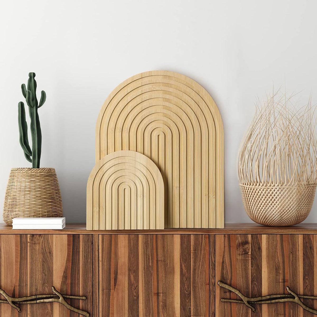 2 Pcs Decorative Wood Cutting Board Wooden Rainbow Decor Boho Kitchen Decor Serving Trays Cutting Chopping Block for Home Kitchen Farmhouse Decoration Wall Shelf Mantel(Brown,Pine)