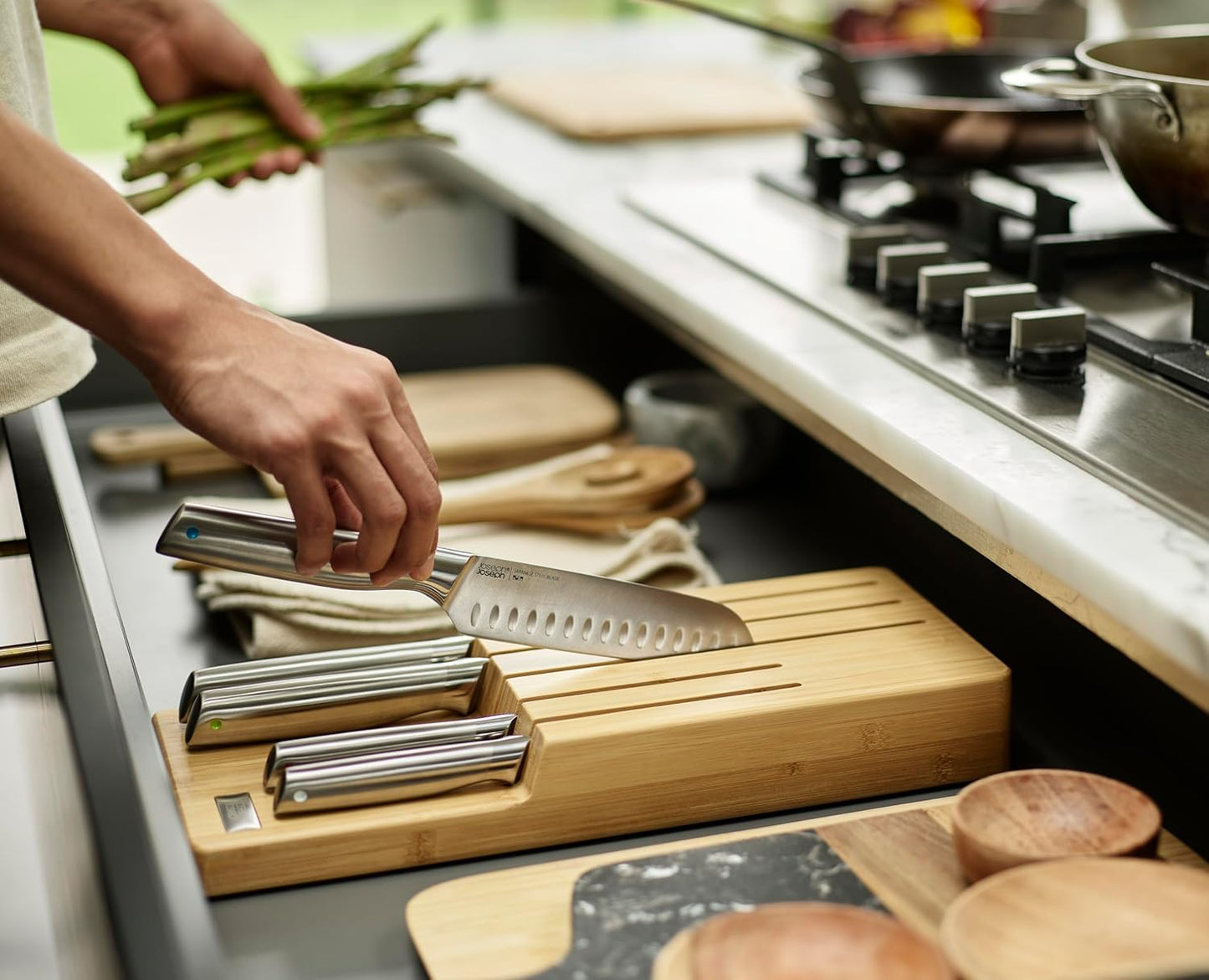 Elevate Kitchen Knives 5-piece Japanesse Stainless Steel knife set, in drawer Bamboo Block organizer tray