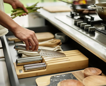 Elevate Kitchen Knives 5-piece Japanesse Stainless Steel knife set, in drawer Bamboo Block organizer tray