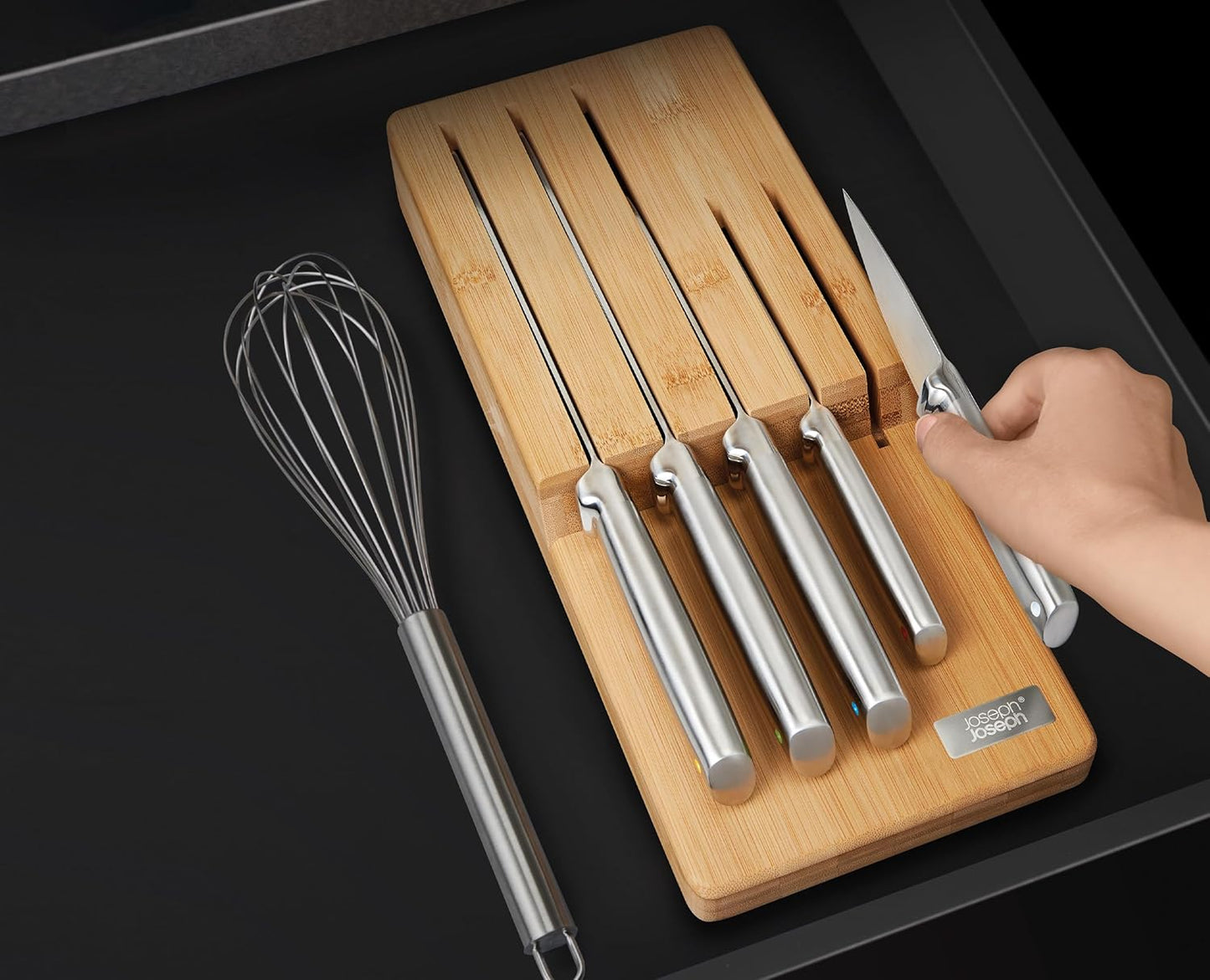 Elevate Kitchen Knives 5-piece Japanesse Stainless Steel knife set, in drawer Bamboo Block organizer tray