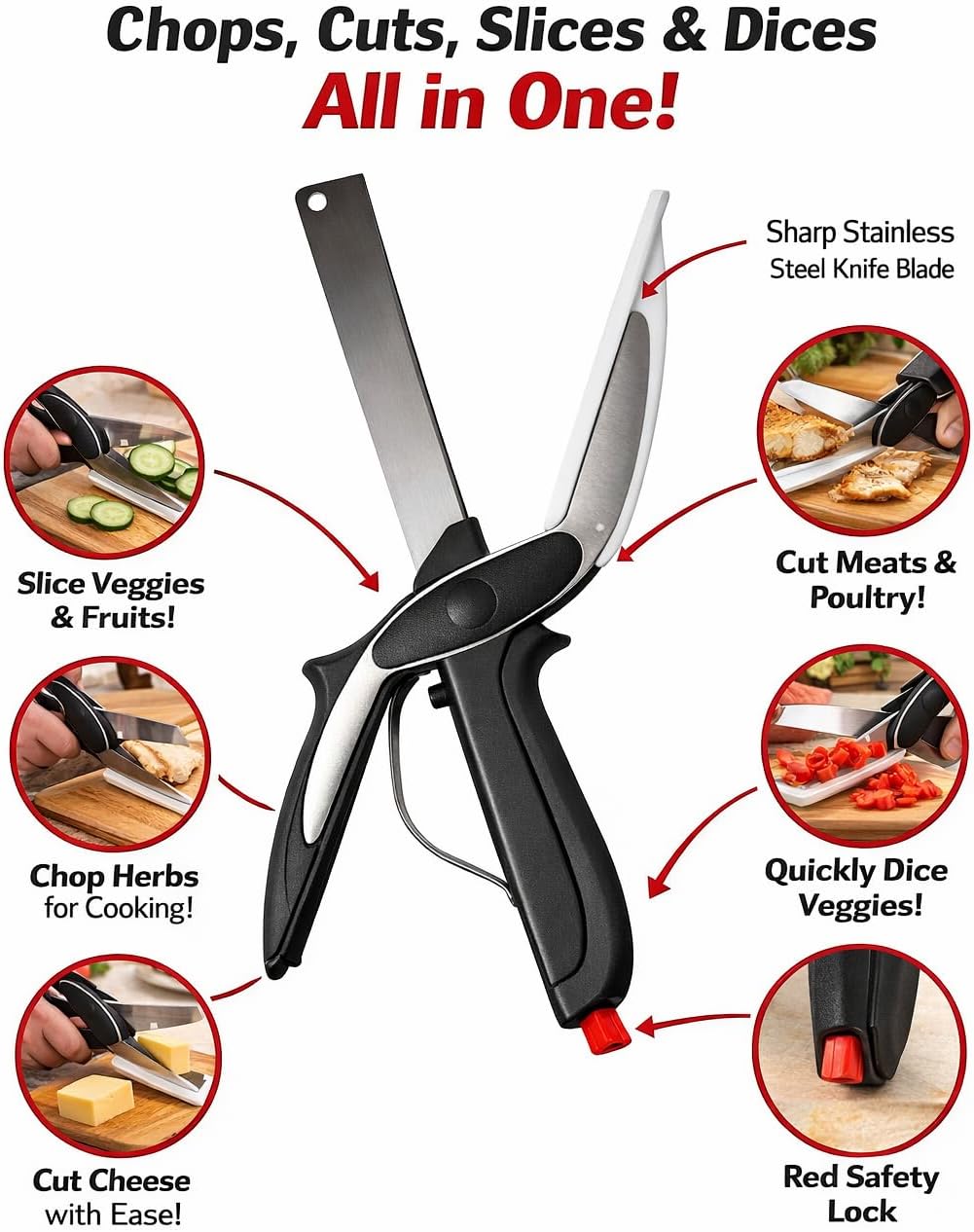 2 in 1 Kitchen Scissors for Food – Stainless Steel Blade & Plastic Cutting Board Scissors with Safety Lock | 9.6" Tomato Knife, Fruit & Vegetable Cutter – Easy-to-Use Kitchen Shears for Meat, Cheese