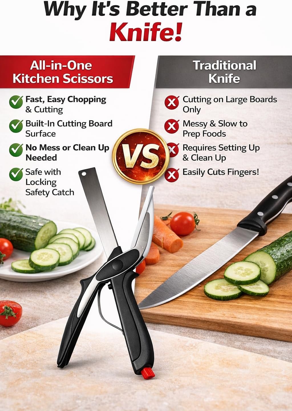 2 in 1 Kitchen Scissors for Food – Stainless Steel Blade & Plastic Cutting Board Scissors with Safety Lock | 9.6" Tomato Knife, Fruit & Vegetable Cutter – Easy-to-Use Kitchen Shears for Meat, Cheese