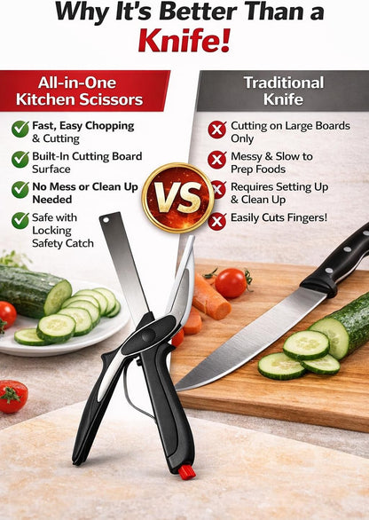 2 in 1 Kitchen Scissors for Food – Stainless Steel Blade & Plastic Cutting Board Scissors with Safety Lock | 9.6" Tomato Knife, Fruit & Vegetable Cutter – Easy-to-Use Kitchen Shears for Meat, Cheese