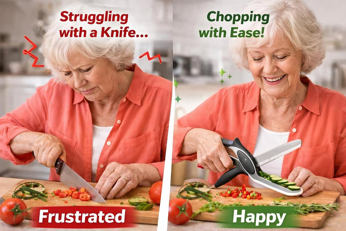 2 in 1 Kitchen Scissors for Food – Stainless Steel Blade & Plastic Cutting Board Scissors with Safety Lock | 9.6" Tomato Knife, Fruit & Vegetable Cutter – Easy-to-Use Kitchen Shears for Meat, Cheese