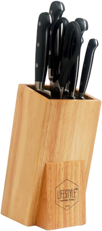 7PC Kitchen Set with Wood Stand – Chef, Bread, Paring, Steak Knives, Butcher Cutlery Block, Magnetic Holder Compatible, Stainless Steel Cooking Utensils