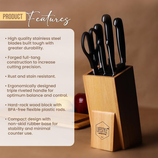 7PC Kitchen Set with Wood Stand – Chef, Bread, Paring, Steak Knives, Butcher Cutlery Block, Magnetic Holder Compatible, Stainless Steel Cooking Utensils