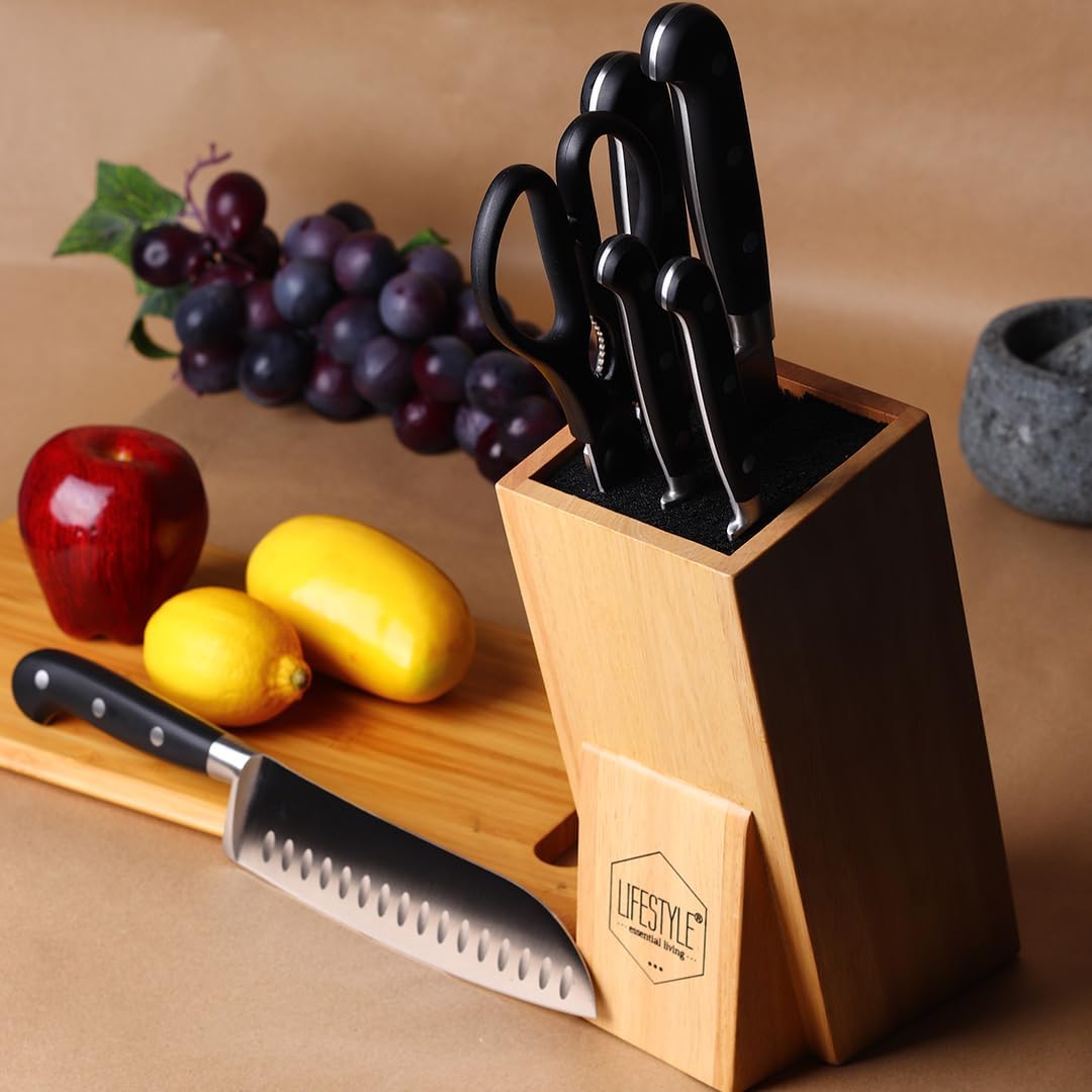 7PC Kitchen Set with Wood Stand – Chef, Bread, Paring, Steak Knives, Butcher Cutlery Block, Magnetic Holder Compatible, Stainless Steel Cooking Utensils
