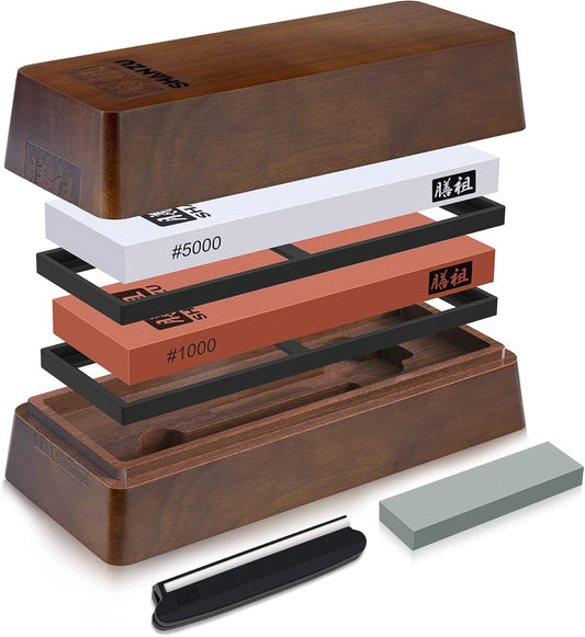 2 PCS Knife Sharpener Stone Set with Storage Box | Whetstone Grit 1000/5000 Knife Sharpening Stone with Non-Slip Silicone Base and Angle Guide Whetstone Knife Sharpening Kit