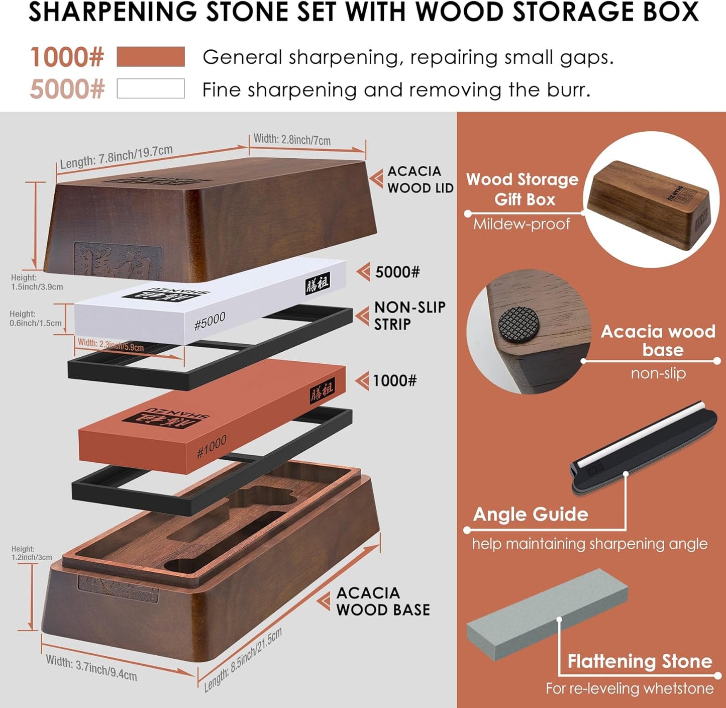 2 PCS Knife Sharpener Stone Set with Storage Box | Whetstone Grit 1000/5000 Knife Sharpening Stone with Non-Slip Silicone Base and Angle Guide Whetstone Knife Sharpening Kit