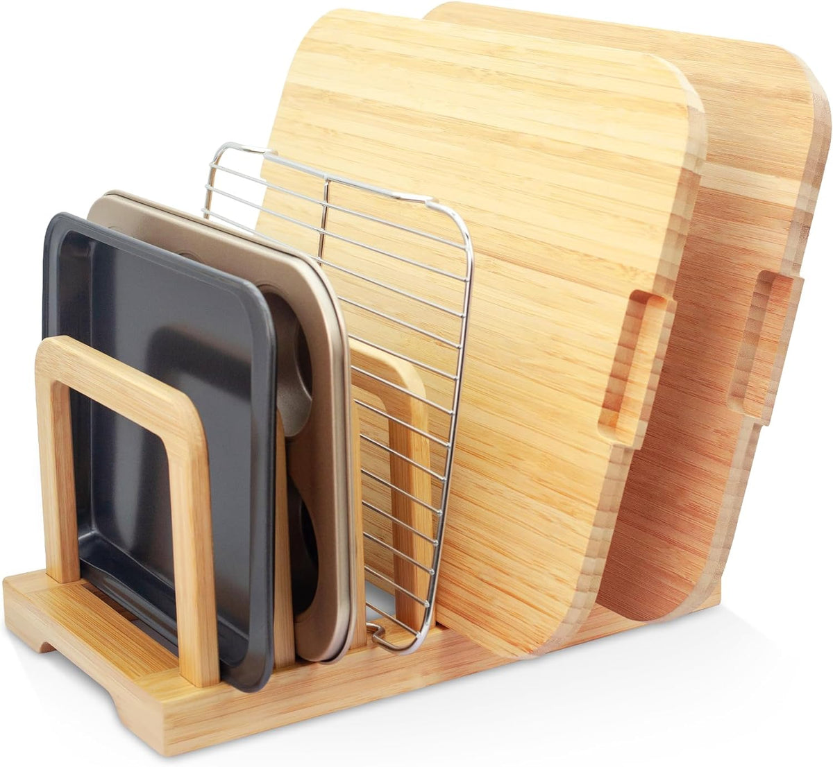 Bamboo 5-Slot Adjustable Cutting Board Rack & Bakeware Organizer with Non-Slip Pads for Kitchen Storage,Small