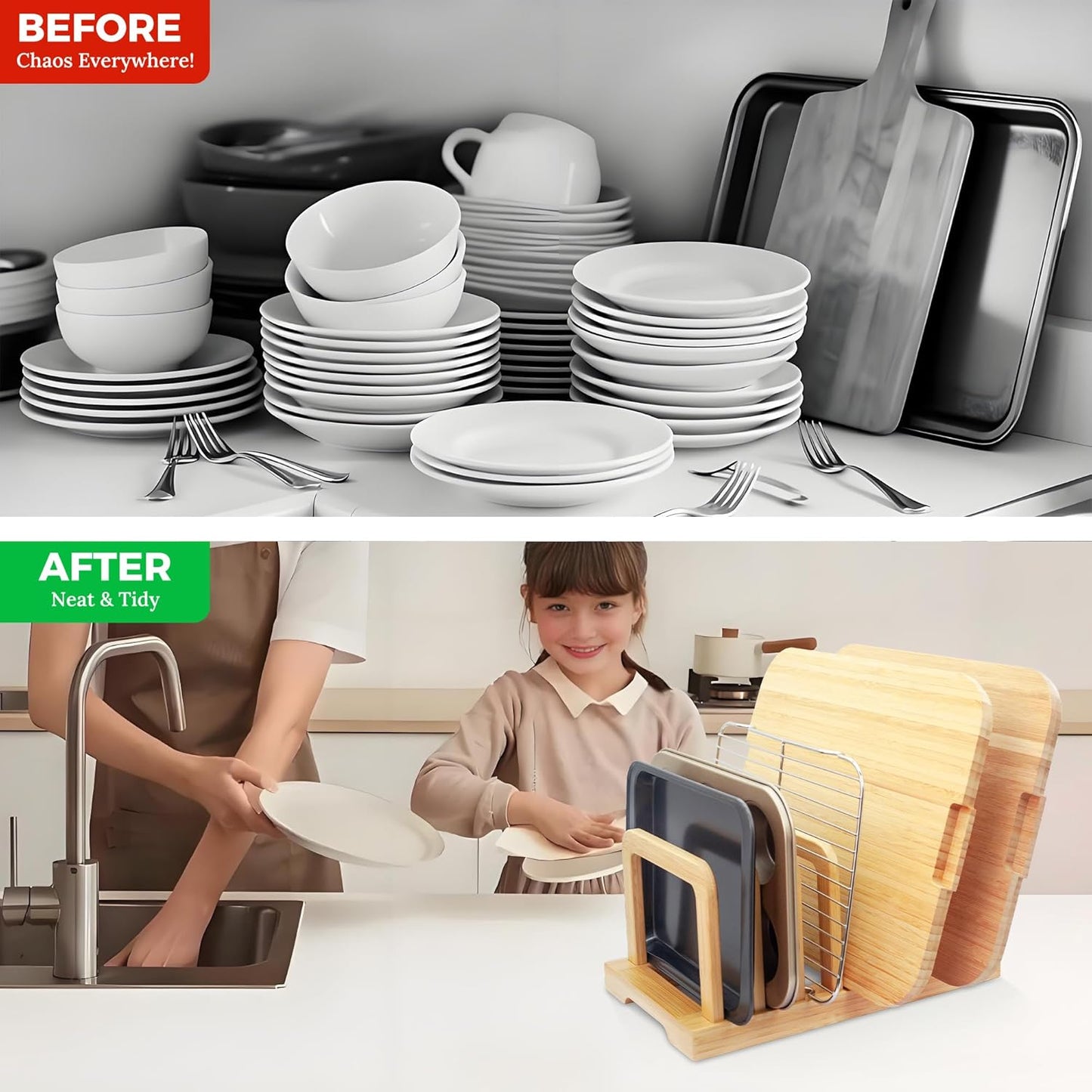 Bamboo 5-Slot Adjustable Cutting Board Rack & Bakeware Organizer with Non-Slip Pads for Kitchen Storage,Small