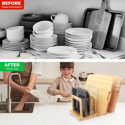 Bamboo 5-Slot Adjustable Cutting Board Rack & Bakeware Organizer with Non-Slip Pads for Kitchen Storage,Small