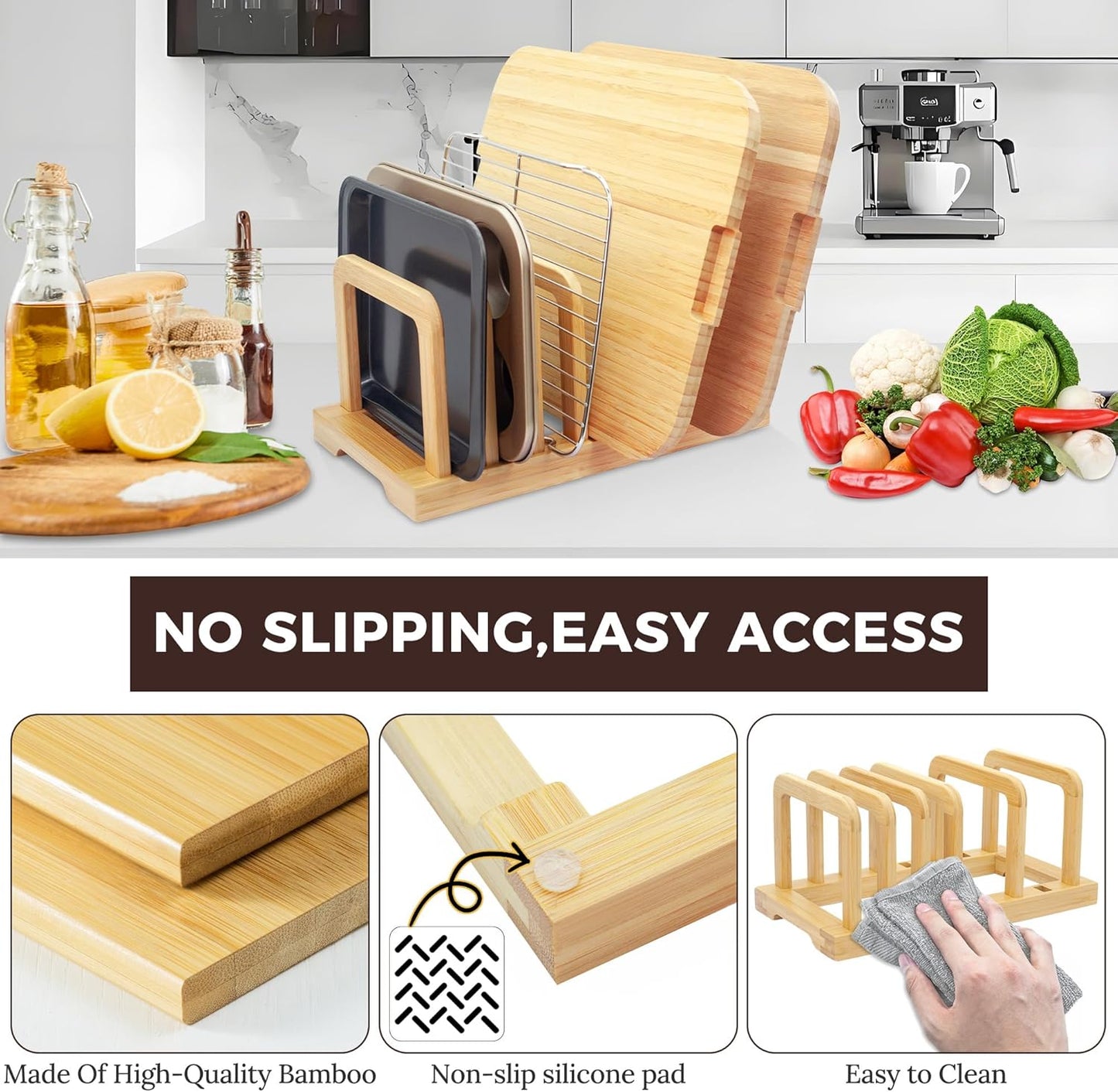 Bamboo 5-Slot Adjustable Cutting Board Rack & Bakeware Organizer with Non-Slip Pads for Kitchen Storage,Small