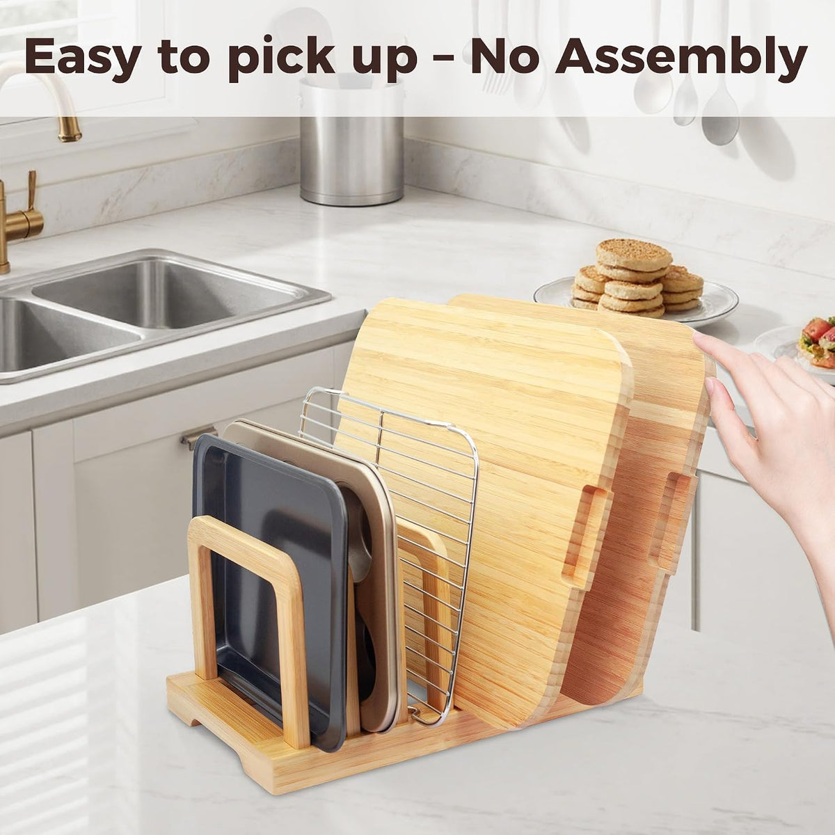 Bamboo 5-Slot Adjustable Cutting Board Rack & Bakeware Organizer with Non-Slip Pads for Kitchen Storage,Small