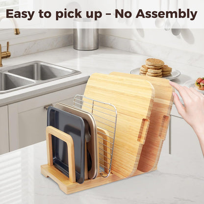 Bamboo 5-Slot Adjustable Cutting Board Rack & Bakeware Organizer with Non-Slip Pads for Kitchen Storage,Small