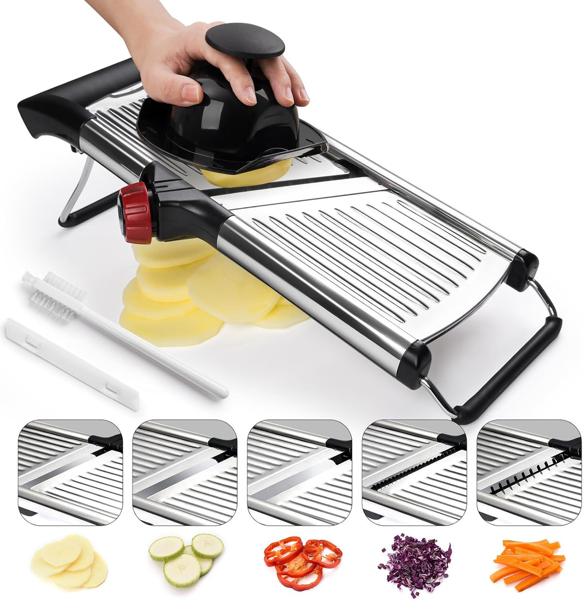 Adjustable Mandoline Slicer for Kitchen, Stainless Steel Food Slicer, Vegetable Slicer for Cucumber, Potato, Carrot, Onion, Cleaning Brush & Food Pusher Included, Easy to Use & Clean