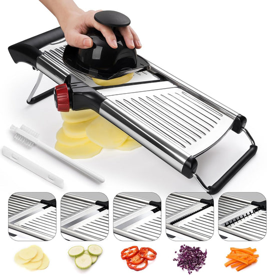 Adjustable Mandoline Slicer for Kitchen, Stainless Steel Food Slicer, Vegetable Slicer for Cucumber, Potato, Carrot, Onion, Cleaning Brush & Food Pusher Included, Easy to Use & Clean