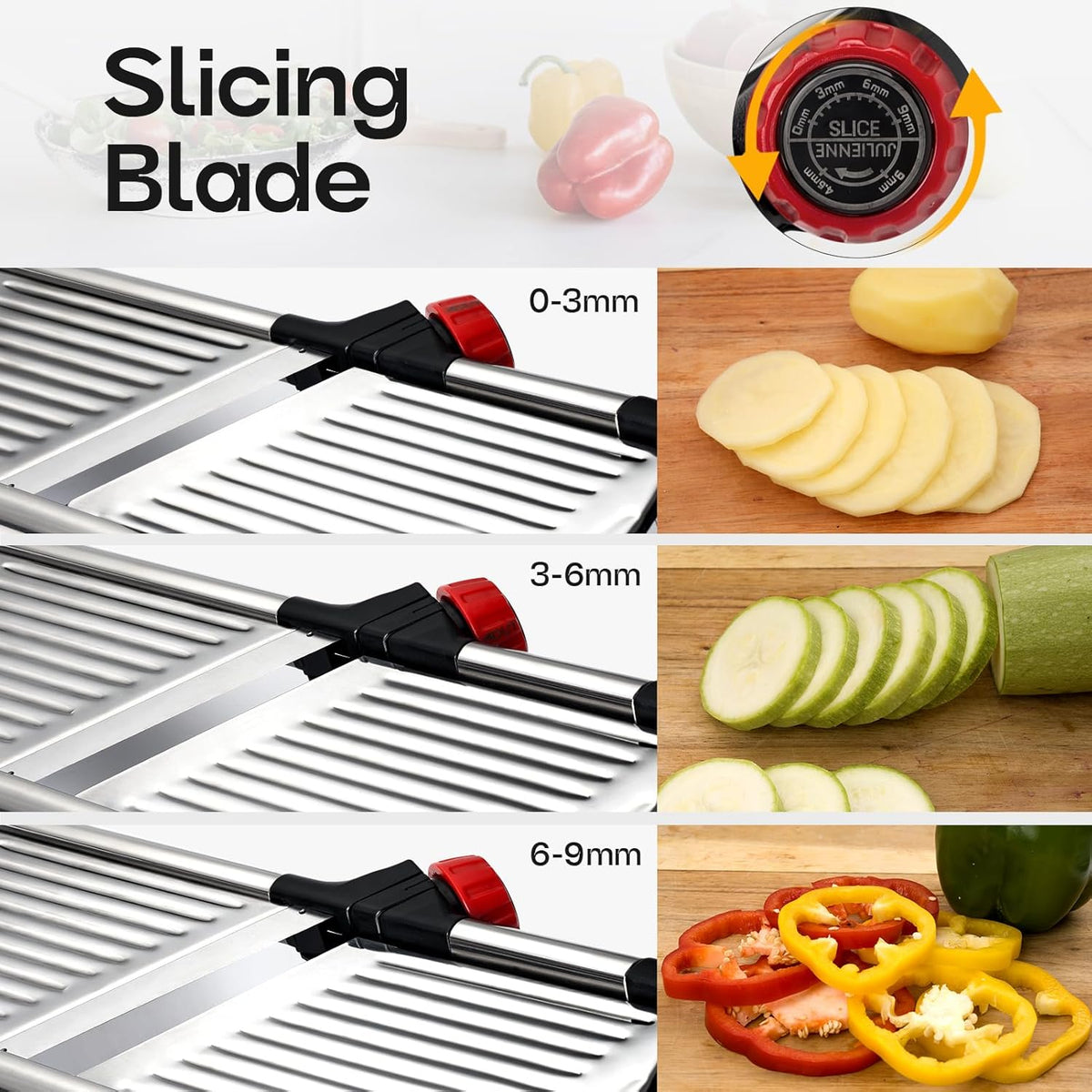 Adjustable Mandoline Slicer for Kitchen, Stainless Steel Food Slicer, Vegetable Slicer for Cucumber, Potato, Carrot, Onion, Cleaning Brush & Food Pusher Included, Easy to Use & Clean