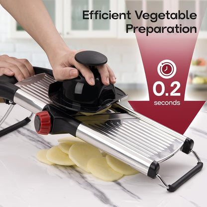 Adjustable Mandoline Slicer for Kitchen, Stainless Steel Food Slicer, Vegetable Slicer for Cucumber, Potato, Carrot, Onion, Cleaning Brush & Food Pusher Included, Easy to Use & Clean