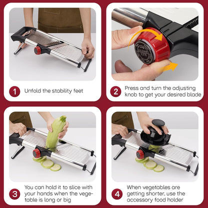 Adjustable Mandoline Slicer for Kitchen, Stainless Steel Food Slicer, Vegetable Slicer for Cucumber, Potato, Carrot, Onion, Cleaning Brush & Food Pusher Included, Easy to Use & Clean