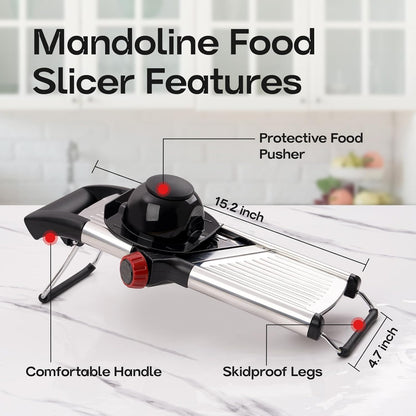 Adjustable Mandoline Slicer for Kitchen, Stainless Steel Food Slicer, Vegetable Slicer for Cucumber, Potato, Carrot, Onion, Cleaning Brush & Food Pusher Included, Easy to Use & Clean