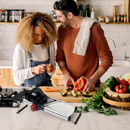 Adjustable Mandoline Slicer for Kitchen, Stainless Steel Food Slicer, Vegetable Slicer for Cucumber, Potato, Carrot, Onion, Cleaning Brush & Food Pusher Included, Easy to Use & Clean