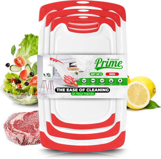 Plastic Cutting Boards for Kitchen, with Grips – Set of 3 Dishwasher-Safe, Non Slip Cutting Board with Juice Groove – Thick, Durable Cutting Boards for Meat and Vegetables , Red